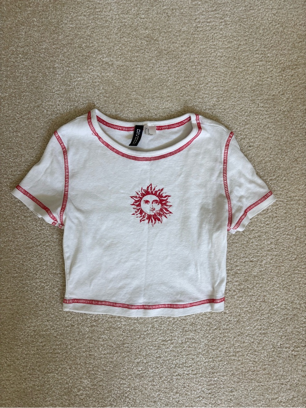 H&M White Crop Top with Red Sun Graphic